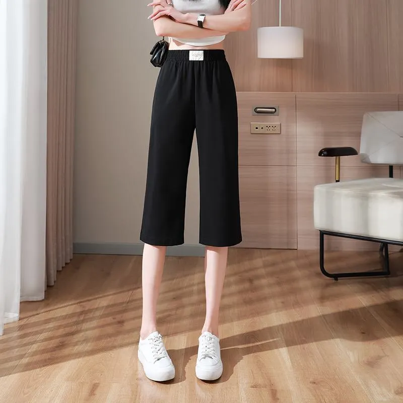 Slimming Thin Casual Chiffon High-Waisted Draping Straight Leg Silky Capri Pants