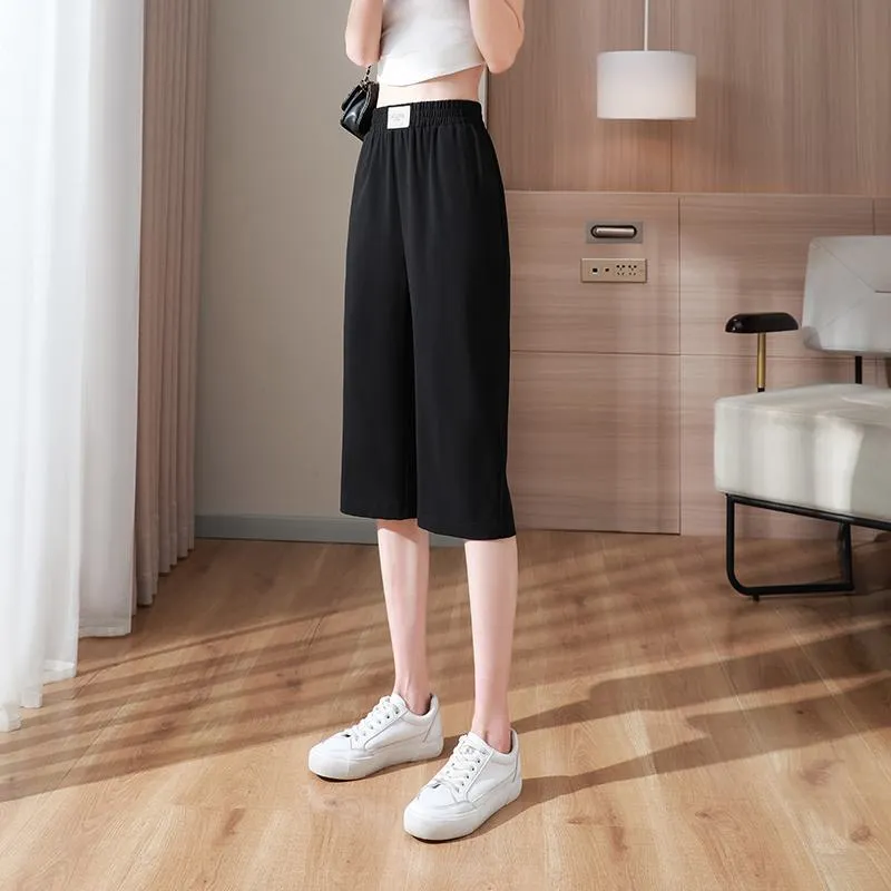 Slimming Thin Casual Chiffon High-Waisted Draping Straight Leg Silky Capri Pants