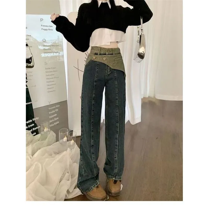 Slimming Versatile Loose-Fit Niche Straight High-Waisted Patchwork Jeans