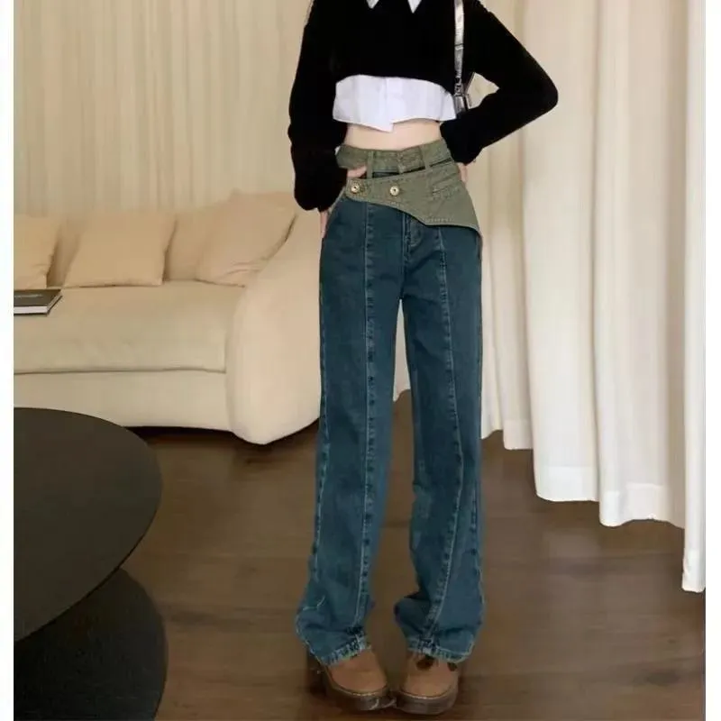 Slimming Versatile Loose-Fit Niche Straight High-Waisted Patchwork Jeans