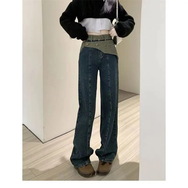 Slimming Versatile Loose-Fit Niche Straight High-Waisted Patchwork Jeans