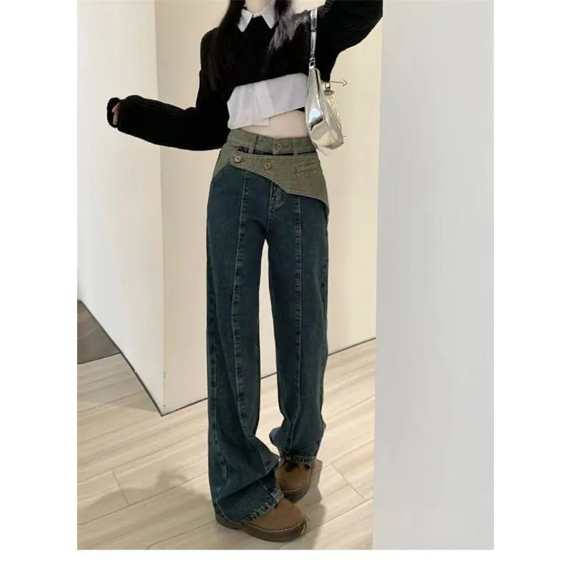 Slimming Versatile Loose-Fit Niche Straight High-Waisted Patchwork Jeans