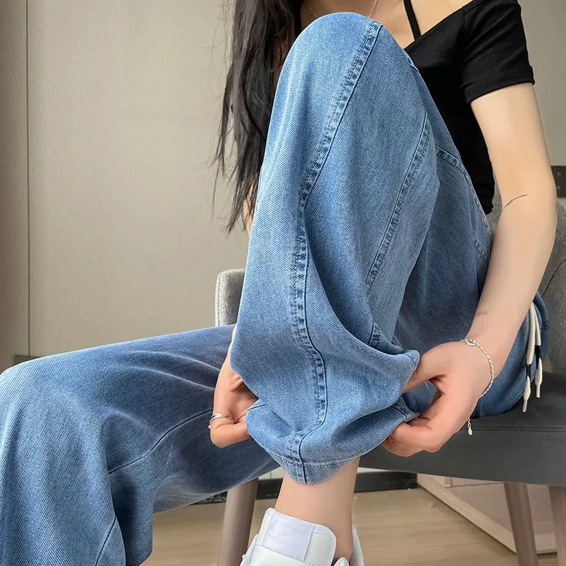 Soft Thin Straight Leg Slimming High-Waisted Draping Drawstring Waist Jeans