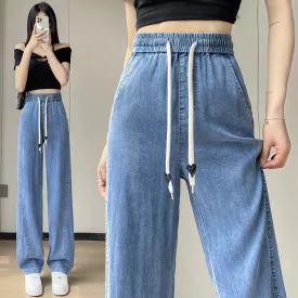 Soft Thin Straight Leg Slimming High-Waisted Draping Drawstring Waist Jeans