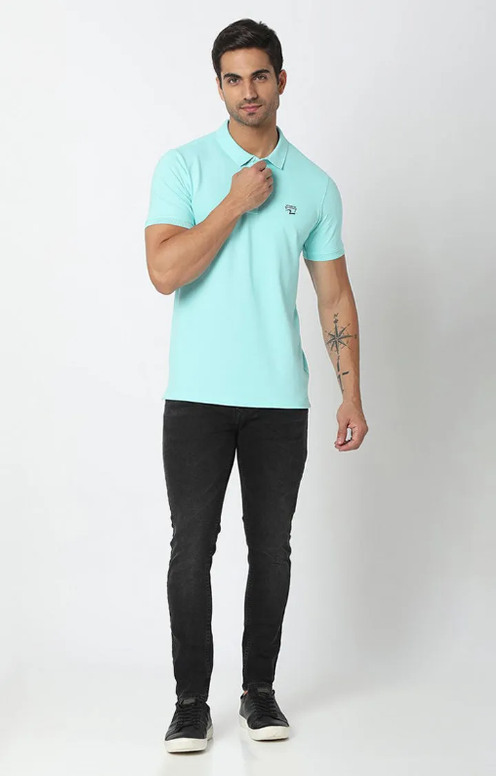 Spykar Aqua Blue Cotton Half Sleeve Plain Polo T-Shirt For Men