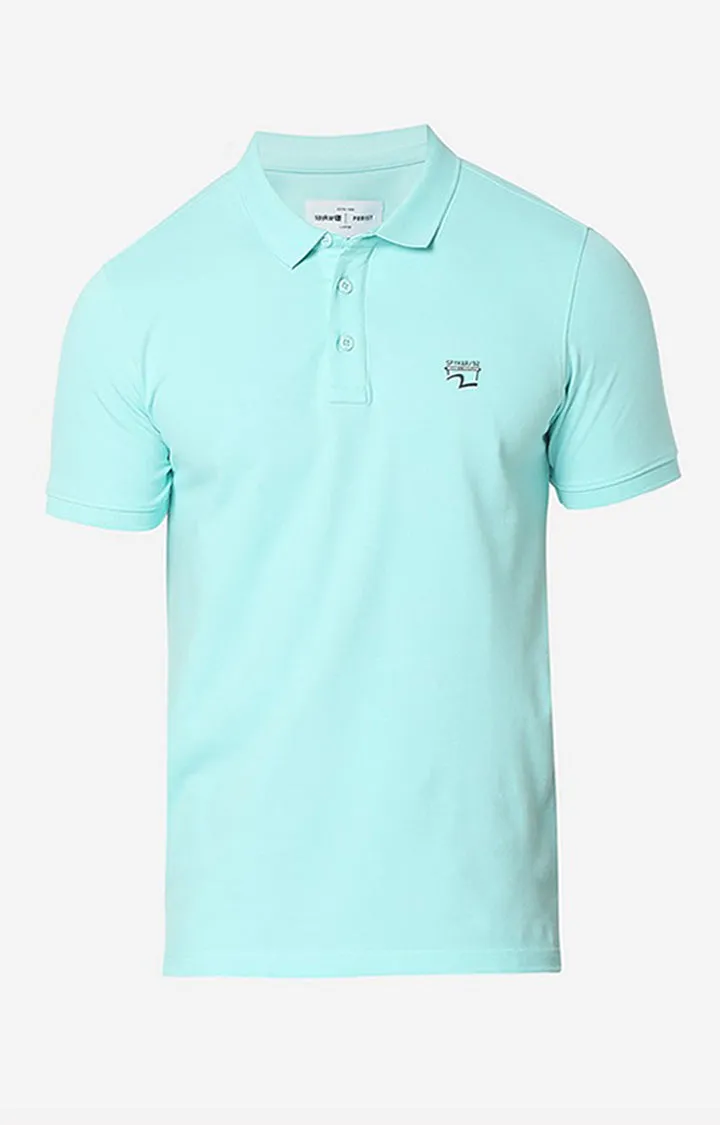 Spykar Aqua Blue Cotton Half Sleeve Plain Polo T-Shirt For Men