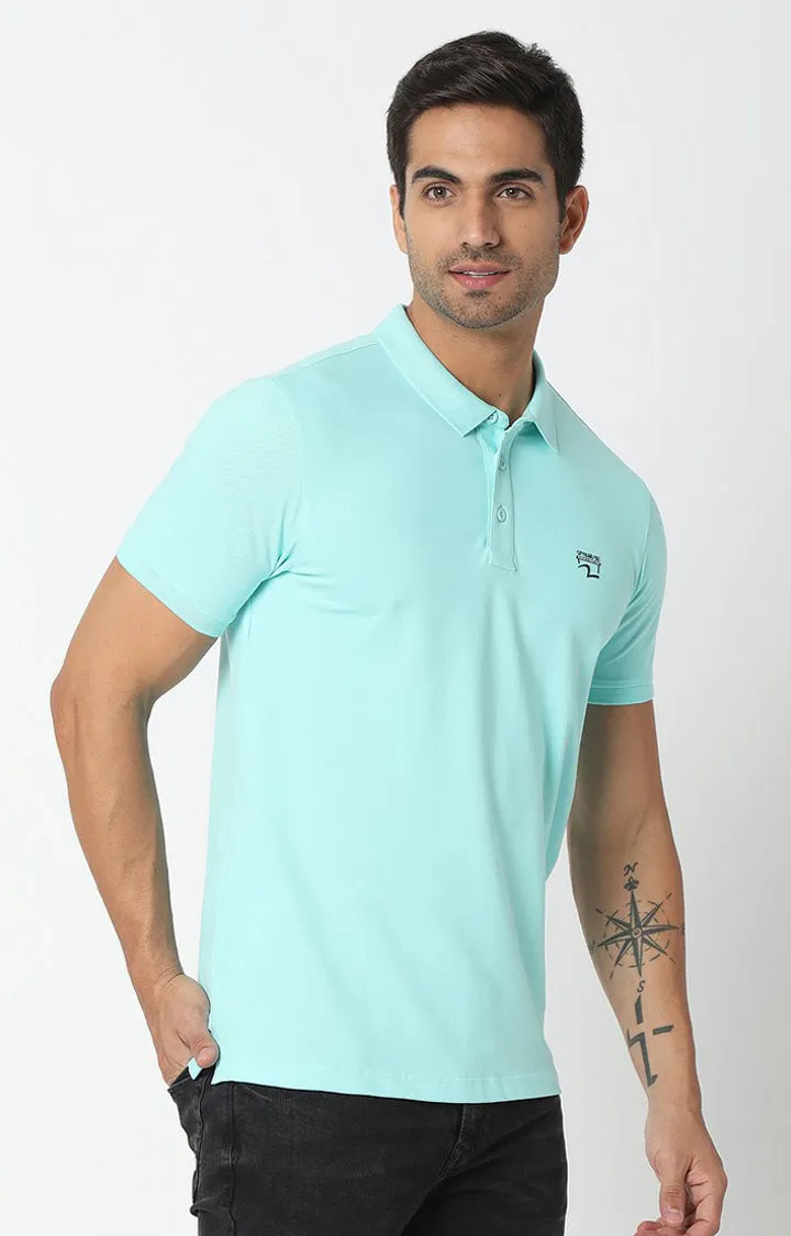 Spykar Aqua Blue Cotton Half Sleeve Plain Polo T-Shirt For Men