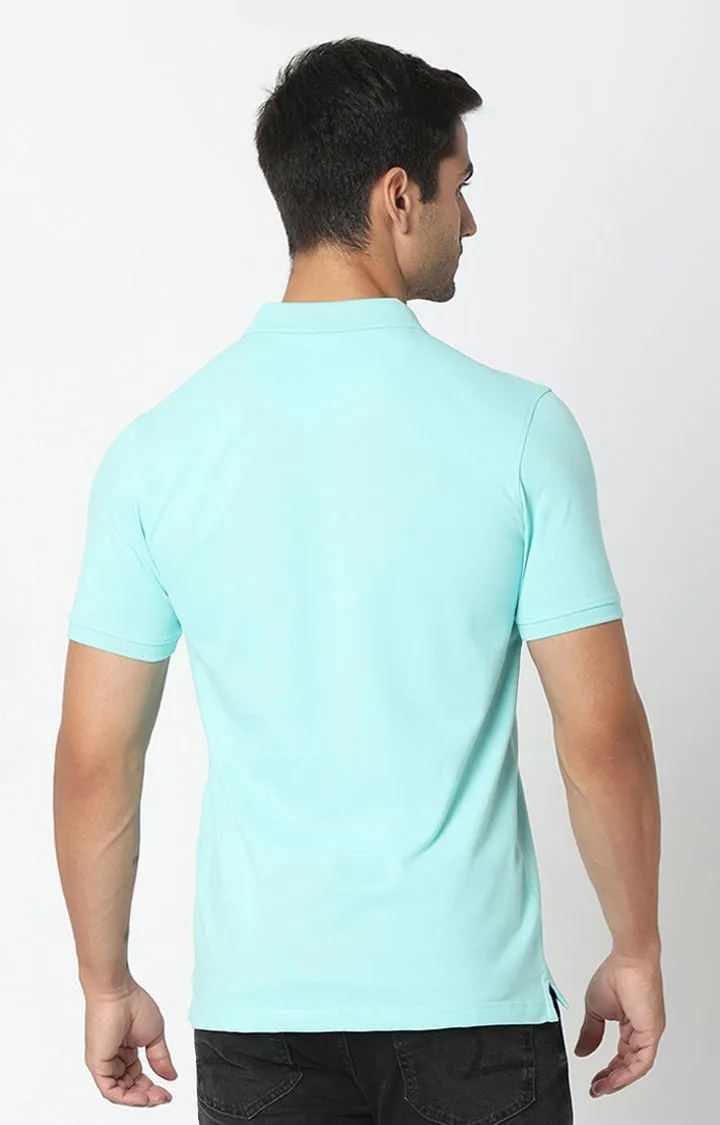 Spykar Aqua Blue Cotton Half Sleeve Plain Polo T-Shirt For Men