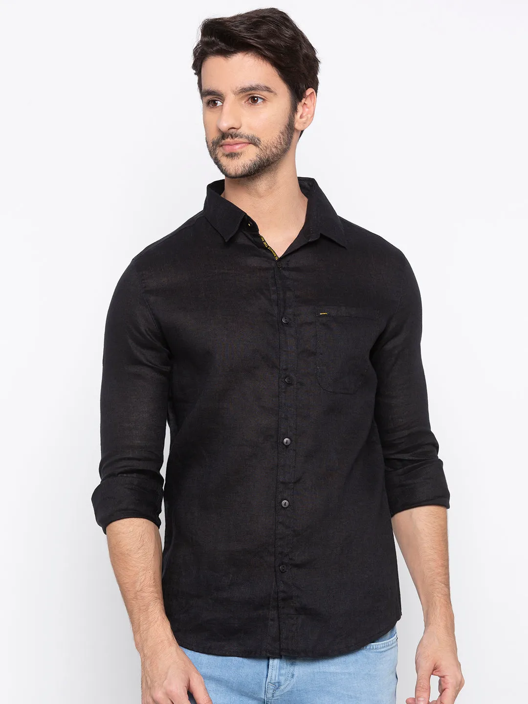 Spykar Black Linen Slim Fit Shirts For Men