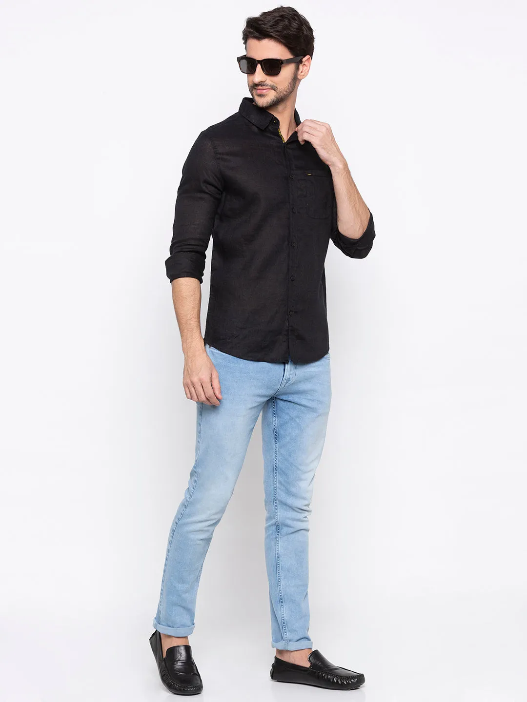 Spykar Black Linen Slim Fit Shirts For Men