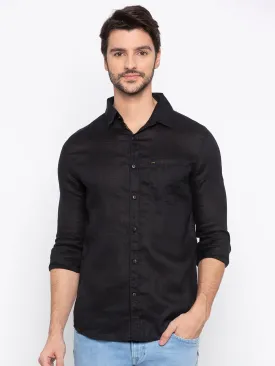 Spykar Black Linen Slim Fit Shirts For Men