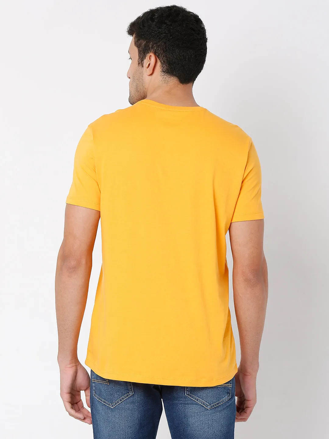 Spykar Gold Yellow Cotton Half Sleeve Printed Casual T-Shirt For Men