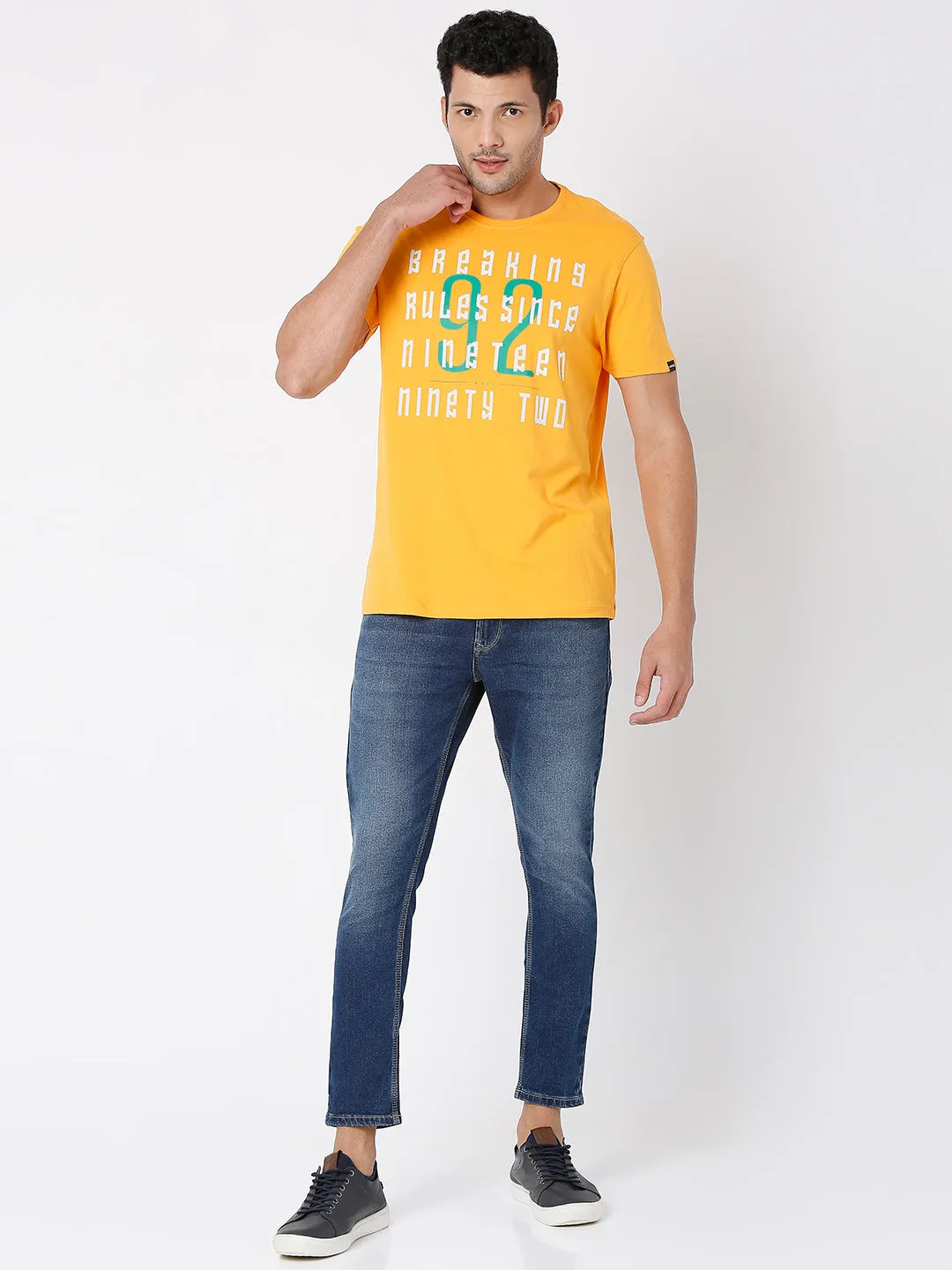 Spykar Gold Yellow Cotton Half Sleeve Printed Casual T-Shirt For Men