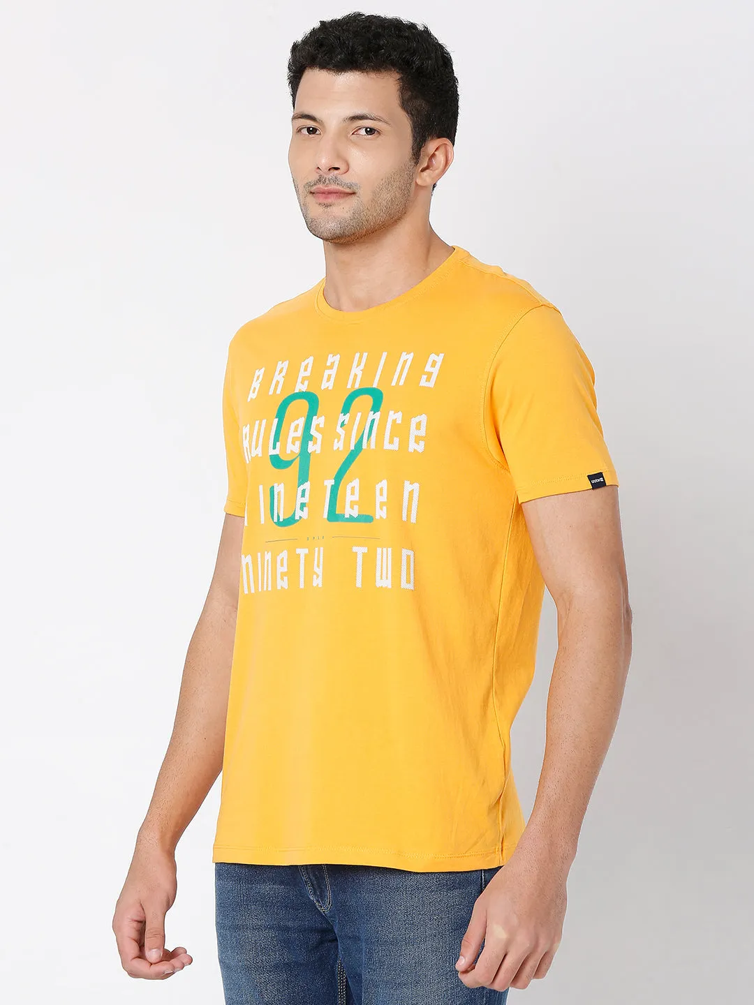 Spykar Gold Yellow Cotton Half Sleeve Printed Casual T-Shirt For Men