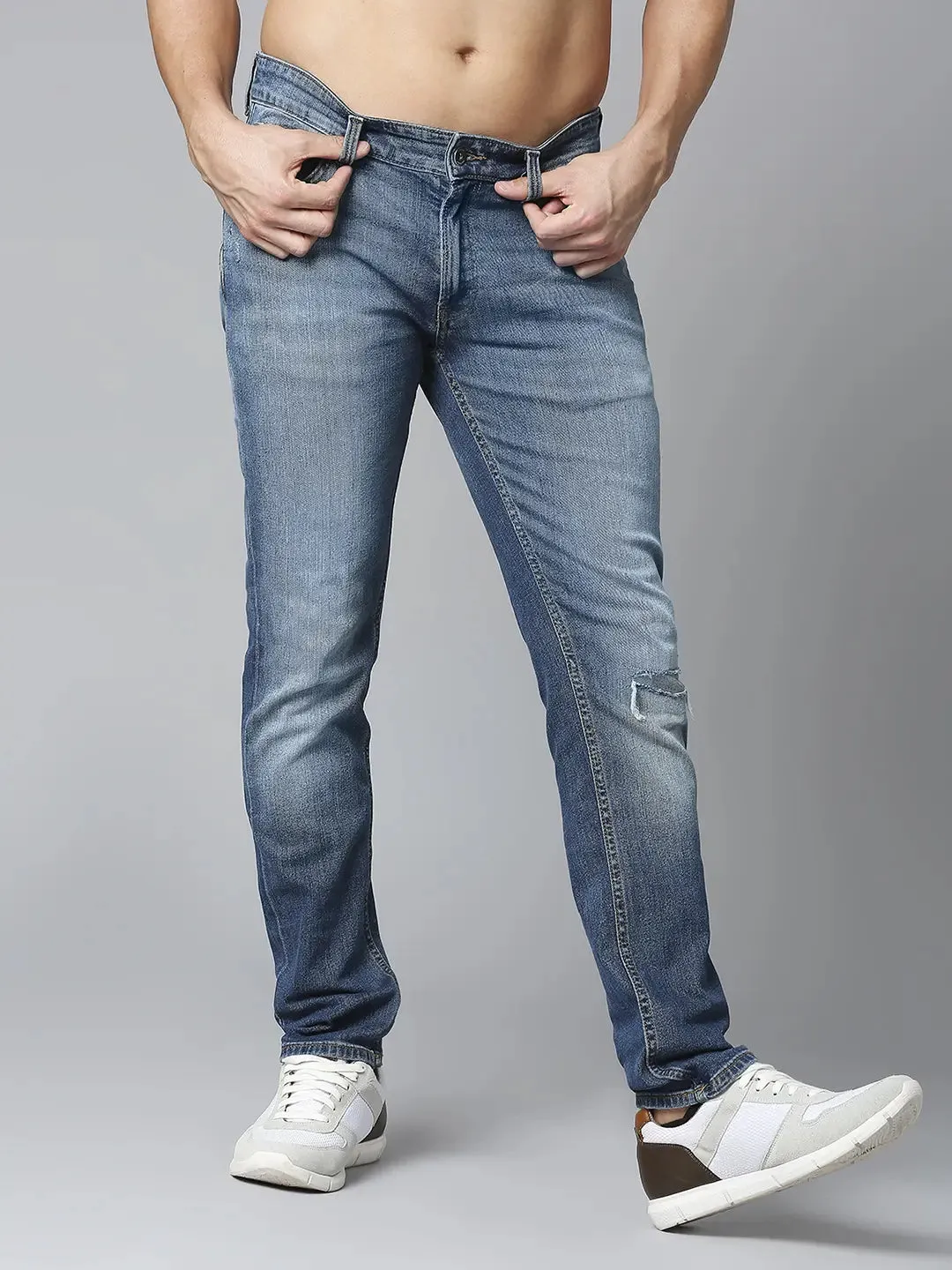 Spykar Limited Edition Mid Blue Regular Fit Narrow Length Mid Rise Knee Slit Premium Stretchable Denim Jeans For Men (Rover)