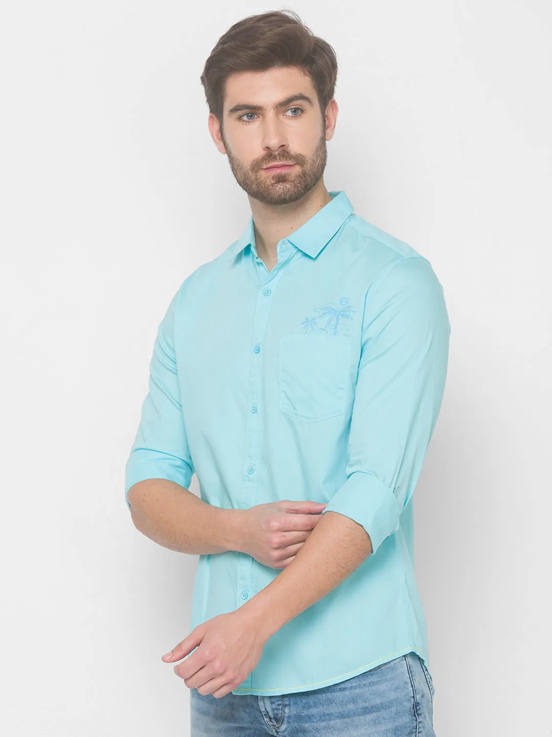 Spykar Men Aqua Blue Cotton Slim Fit Shirt