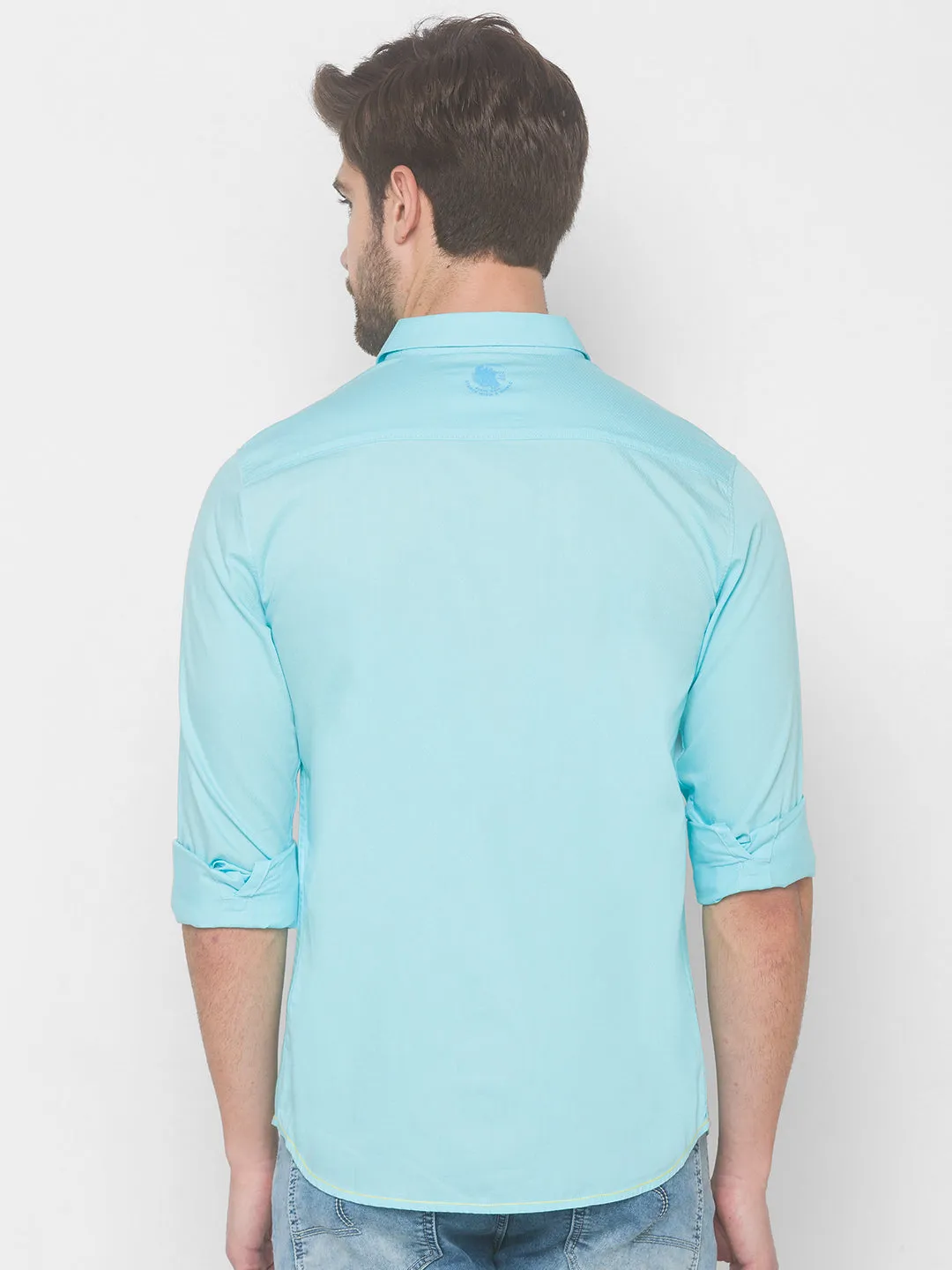 Spykar Men Aqua Blue Cotton Slim Fit Shirt