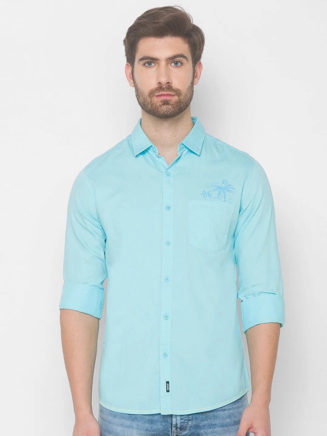 Spykar Men Aqua Blue Cotton Slim Fit Shirt