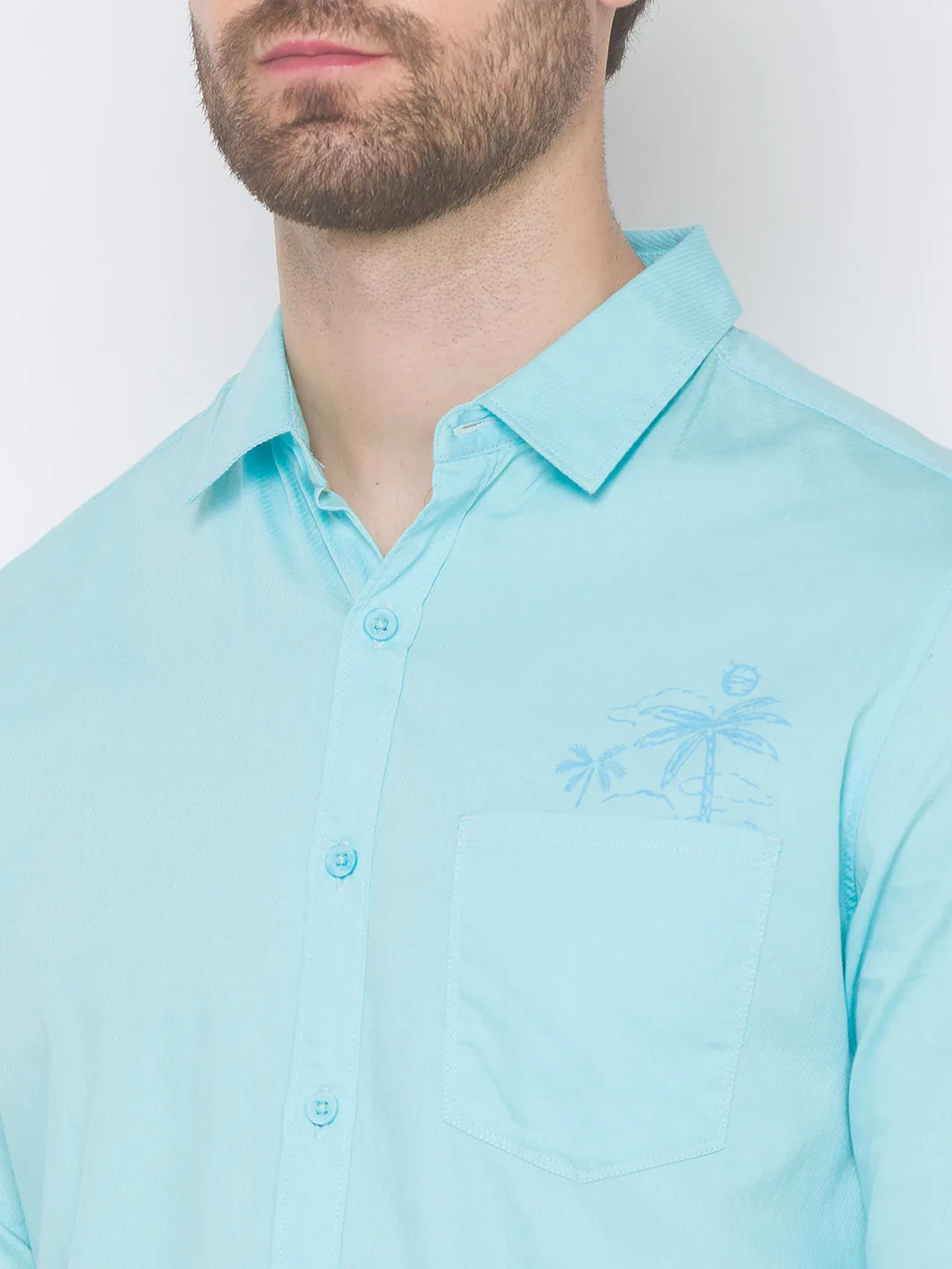 Spykar Men Aqua Blue Cotton Slim Fit Shirt