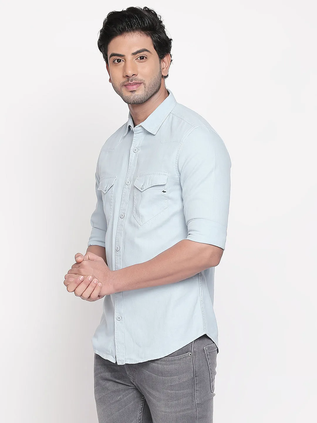 Spykar Men Blue Cotton Slim Fit Casual Shirts