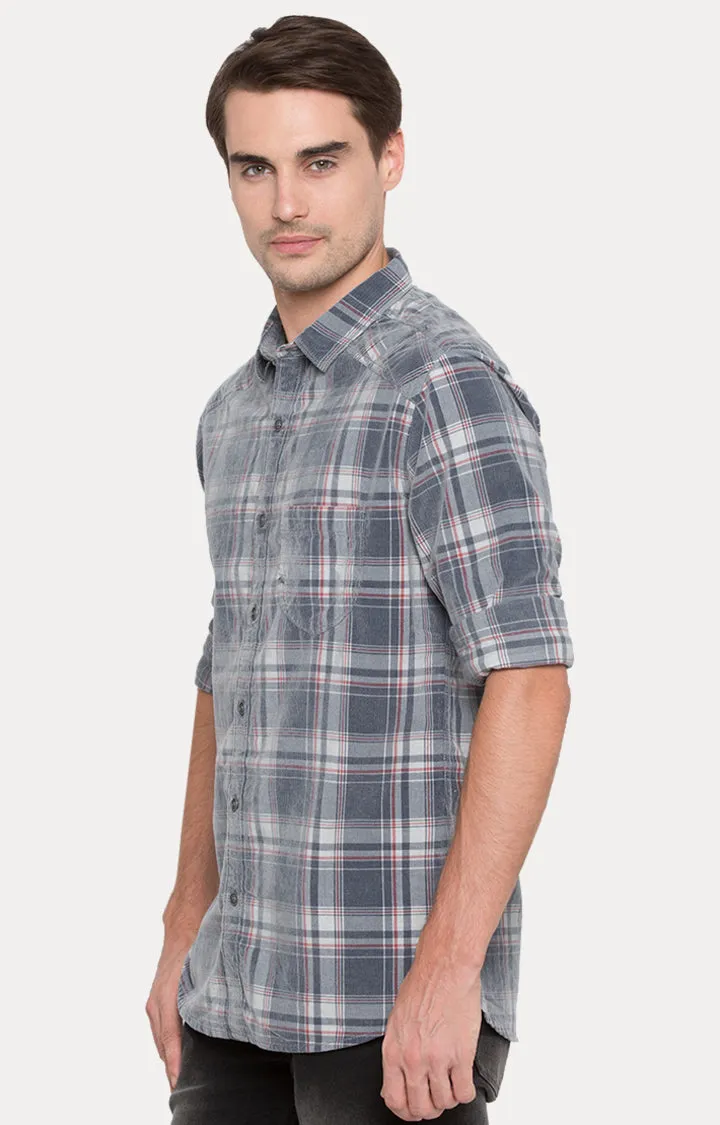 Spykar Men Grey Cotton Slim Fit Full Sleeve Checkered Shirt