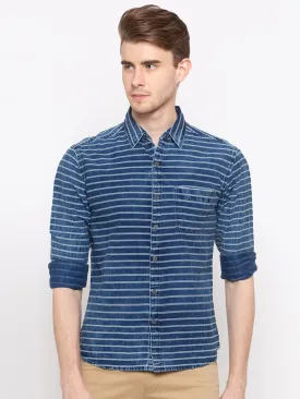 Spykar Men Indigo Striped Slim Fit Casual Shirt