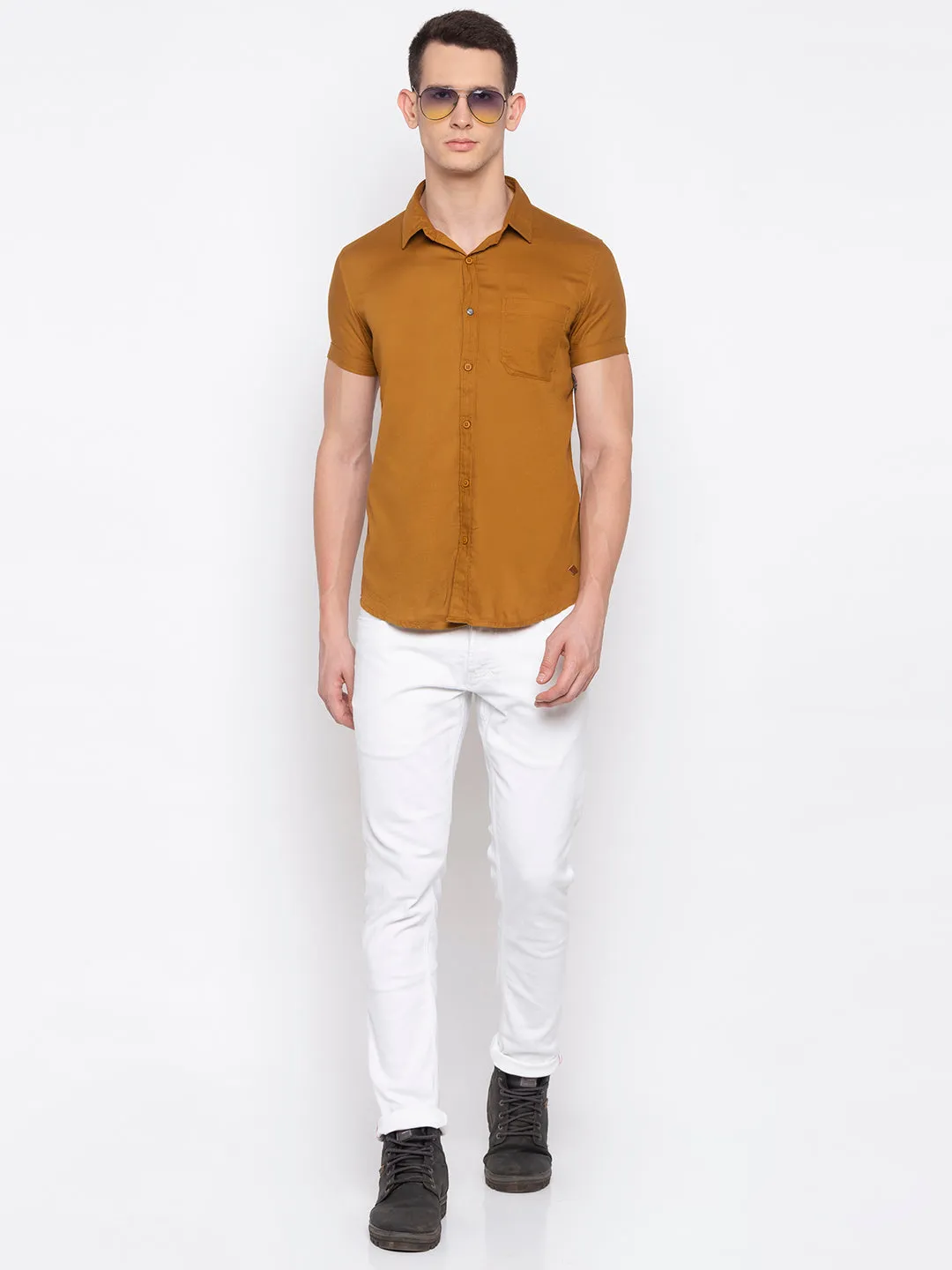 Spykar Men Khaki Cotton Slim Fit Half Sleeve Shirt