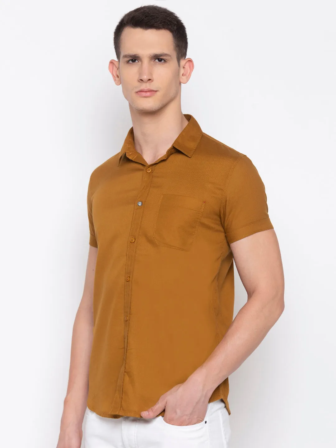 Spykar Men Khaki Cotton Slim Fit Half Sleeve Shirt