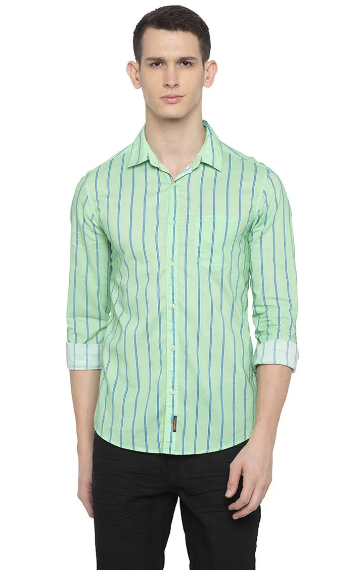 Spykar Men Light Green Striped Slim Fit Casual Shirt