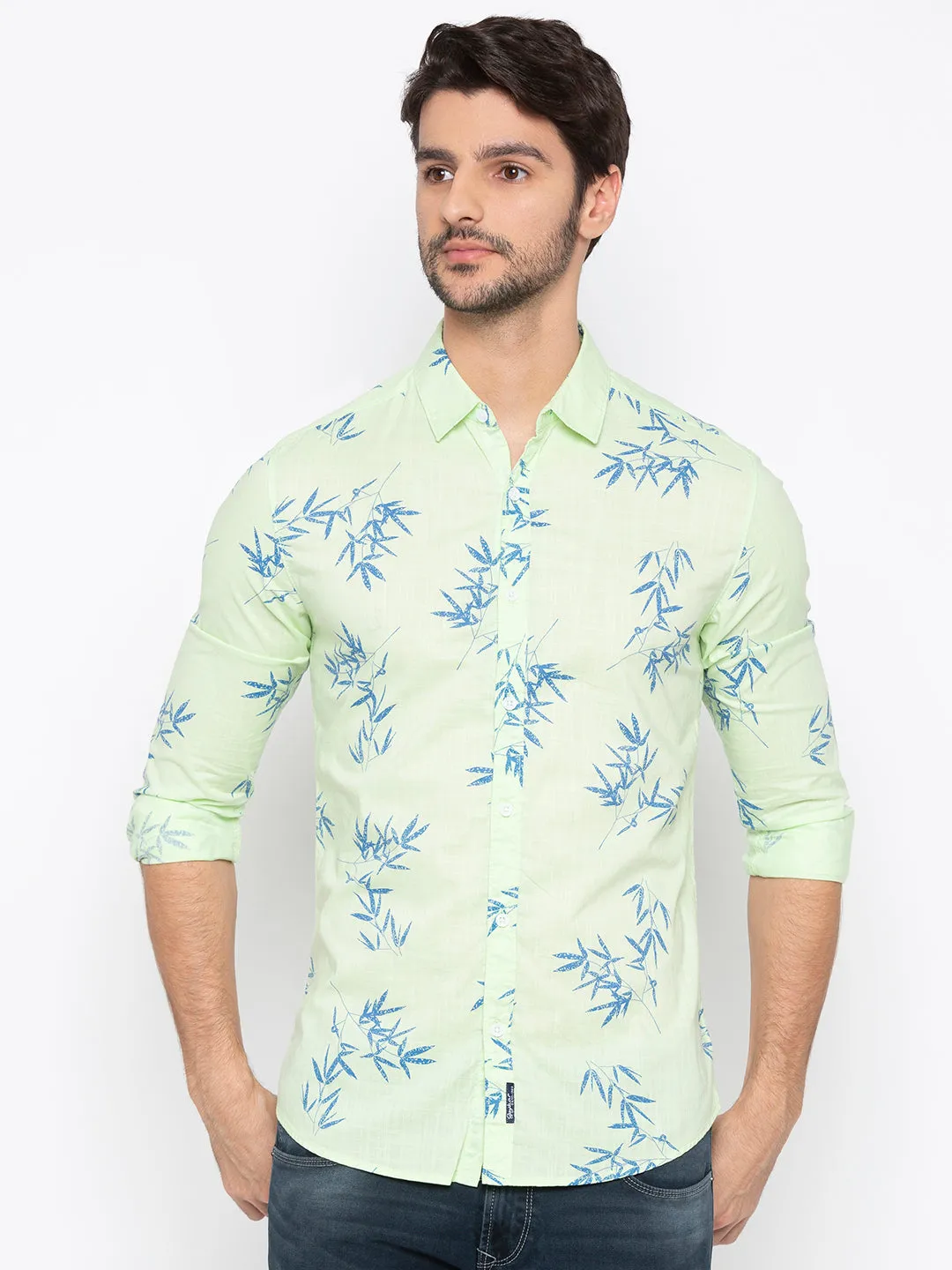 Spykar Men Lime Green Cotton Slim Fit Shirt