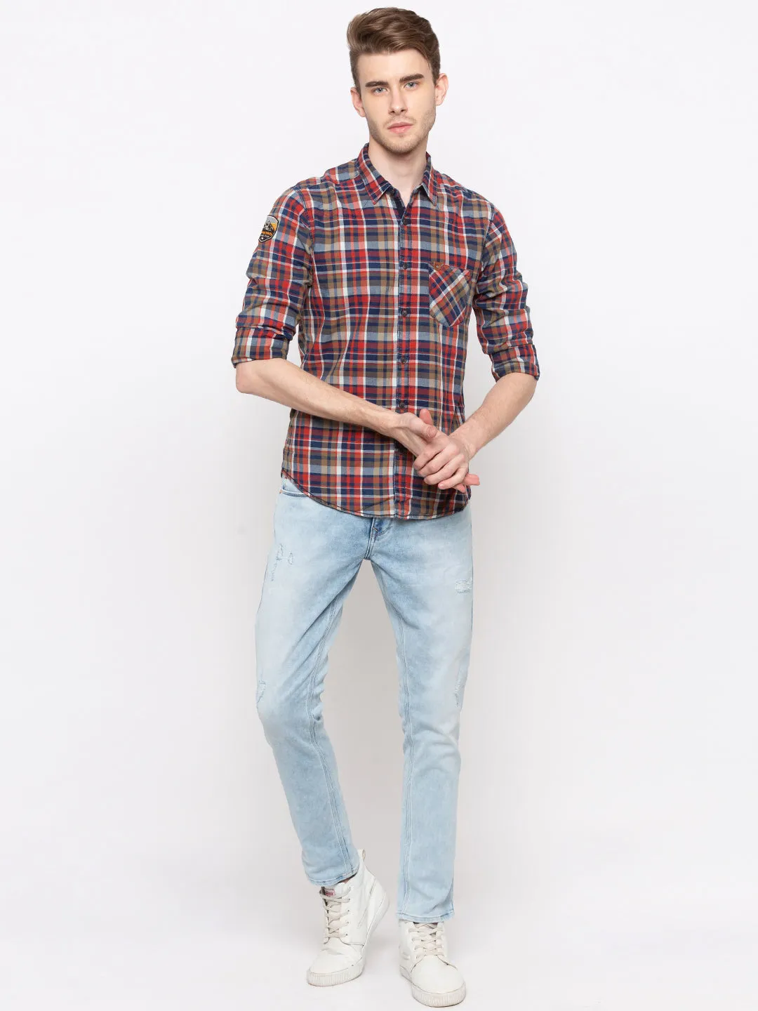 Spykar Men Navy & Olive Checked Slim Fit Casual Shirt