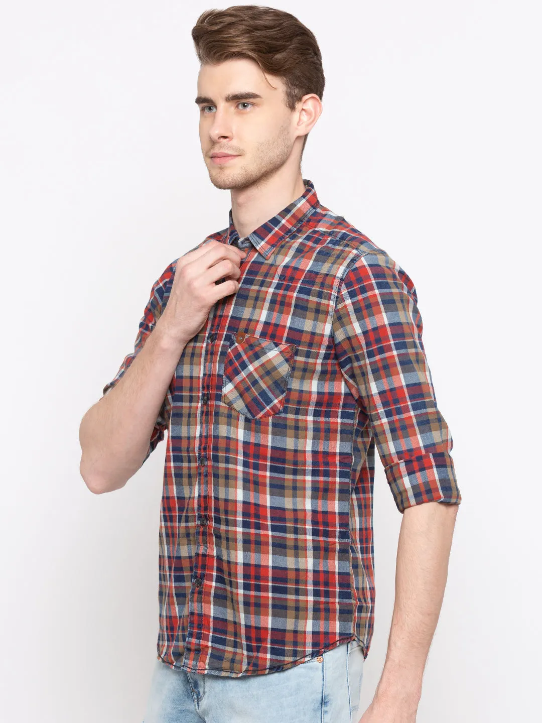 Spykar Men Navy & Olive Checked Slim Fit Casual Shirt