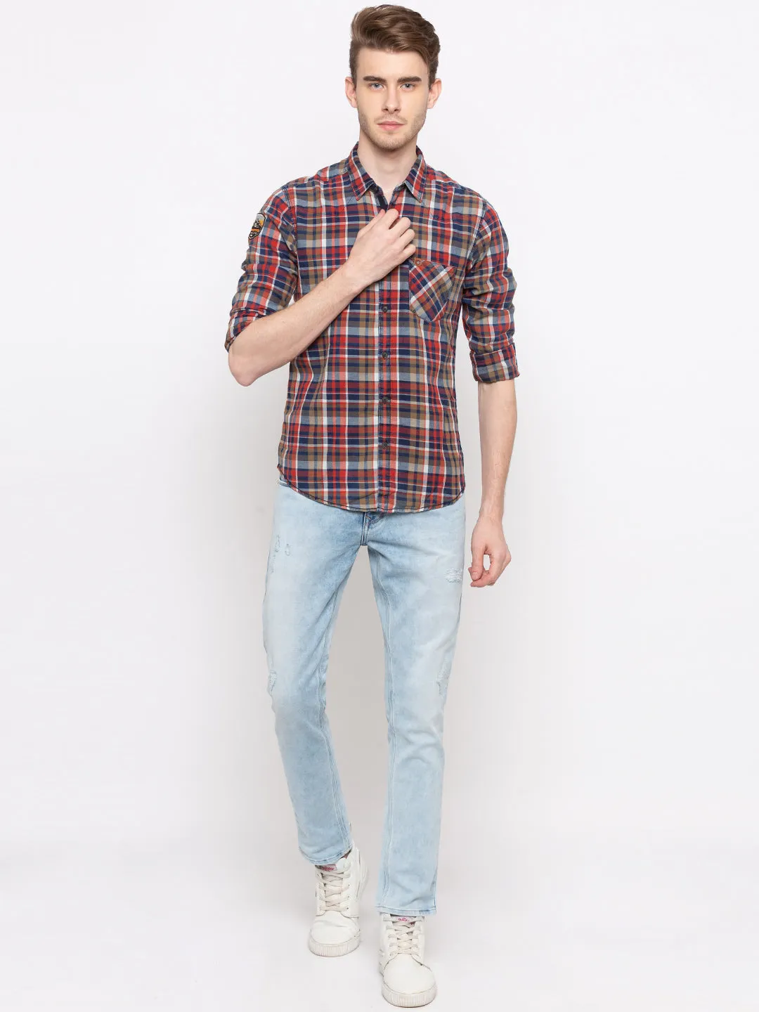 Spykar Men Navy & Olive Checked Slim Fit Casual Shirt