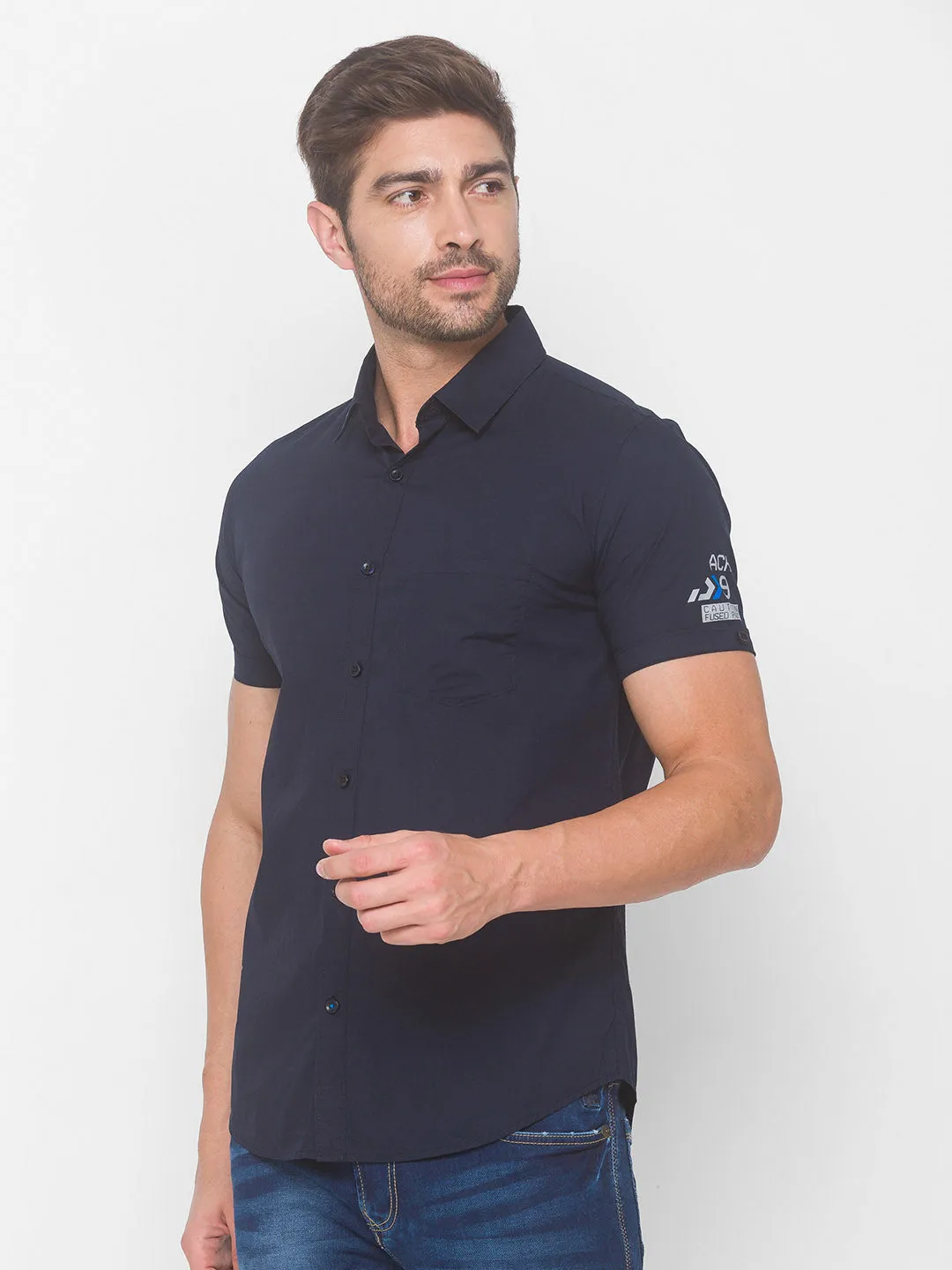 Spykar Men Navy Blue Cotton Casual Slim Fit Shirt