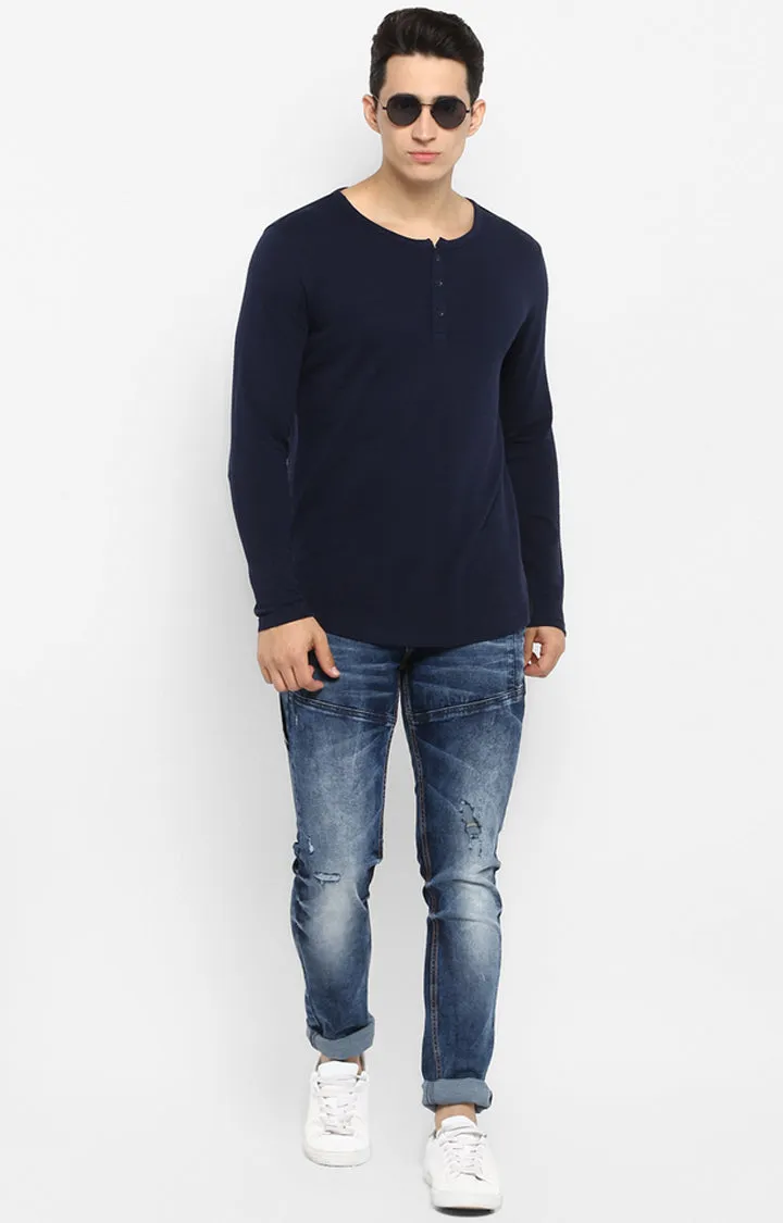 Spykar Men Navy Blue Cotton Full Sleeve T-Shirt