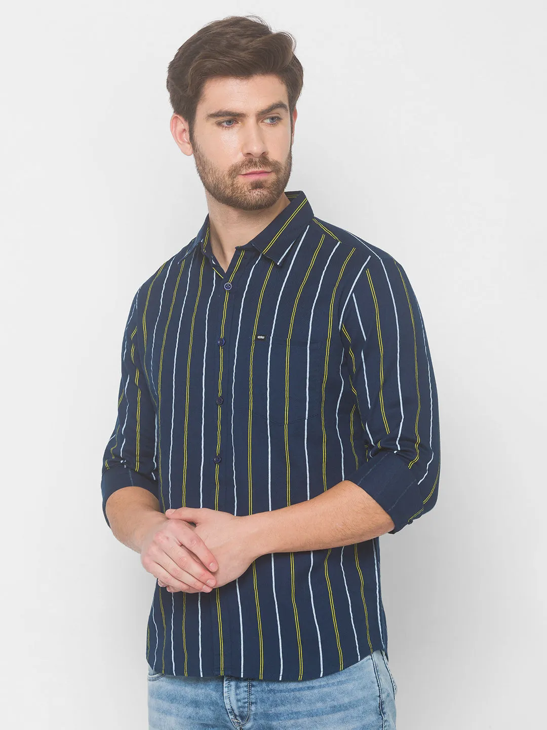 Spykar Men Navy Blue Cotton Shirts (Uniqlo)