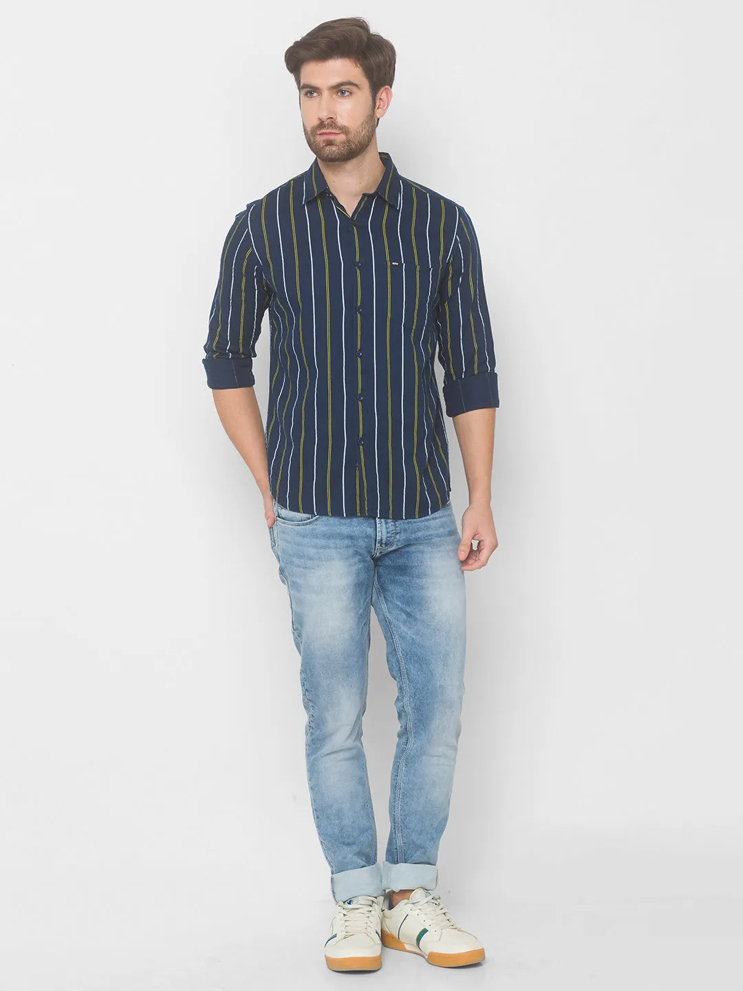 Spykar Men Navy Blue Cotton Shirts (Uniqlo)