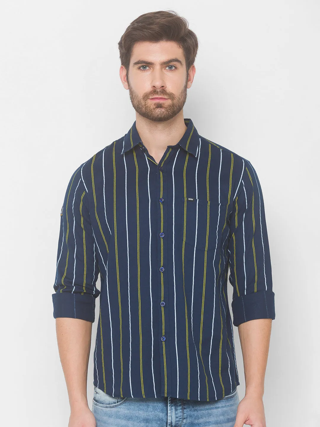 Spykar Men Navy Blue Cotton Shirts (Uniqlo)