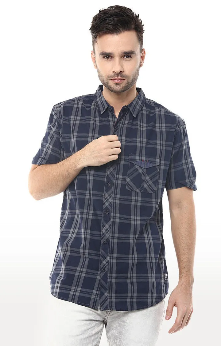 Spykar Men Navy Blue Cotton Slim Fit Half Sleeve Checkered Shirts