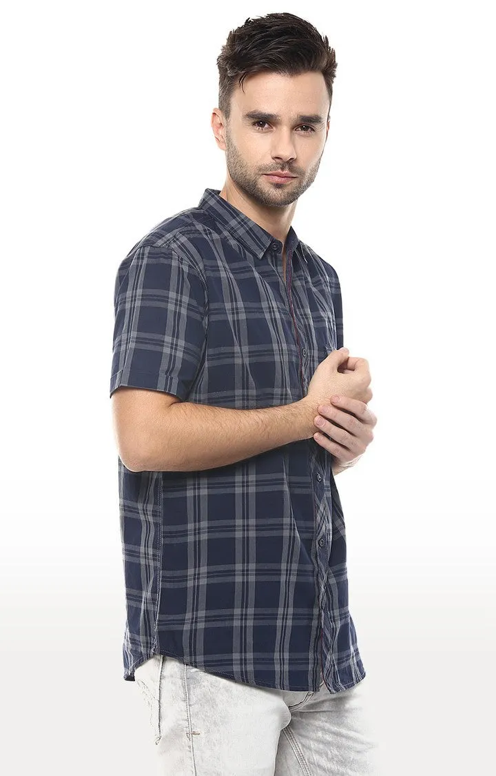 Spykar Men Navy Blue Cotton Slim Fit Half Sleeve Checkered Shirts