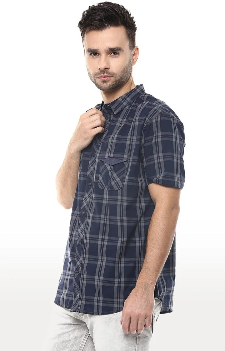 Spykar Men Navy Blue Cotton Slim Fit Half Sleeve Checkered Shirts