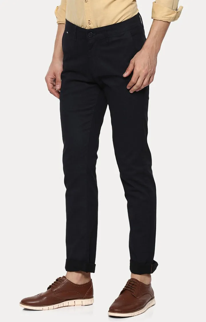 Spykar Men Navy Blue Cotton Slim Fit Regular Length Trousers