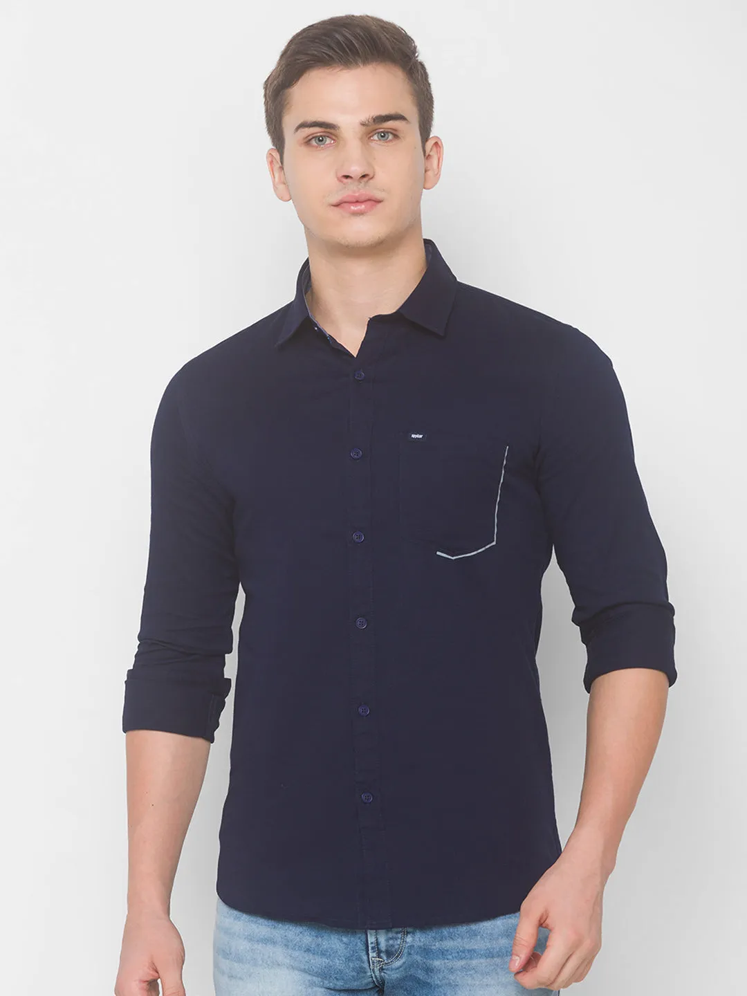 Spykar Men Navy Cotton Casual Slim Fit Shirt