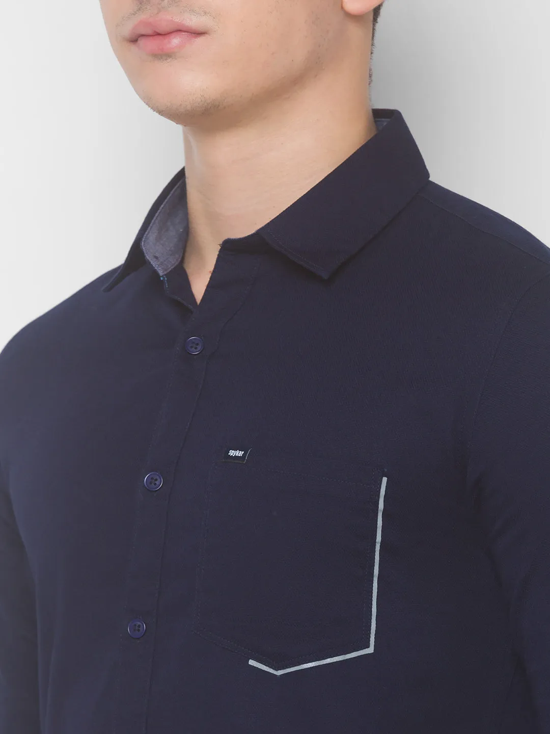 Spykar Men Navy Cotton Casual Slim Fit Shirt