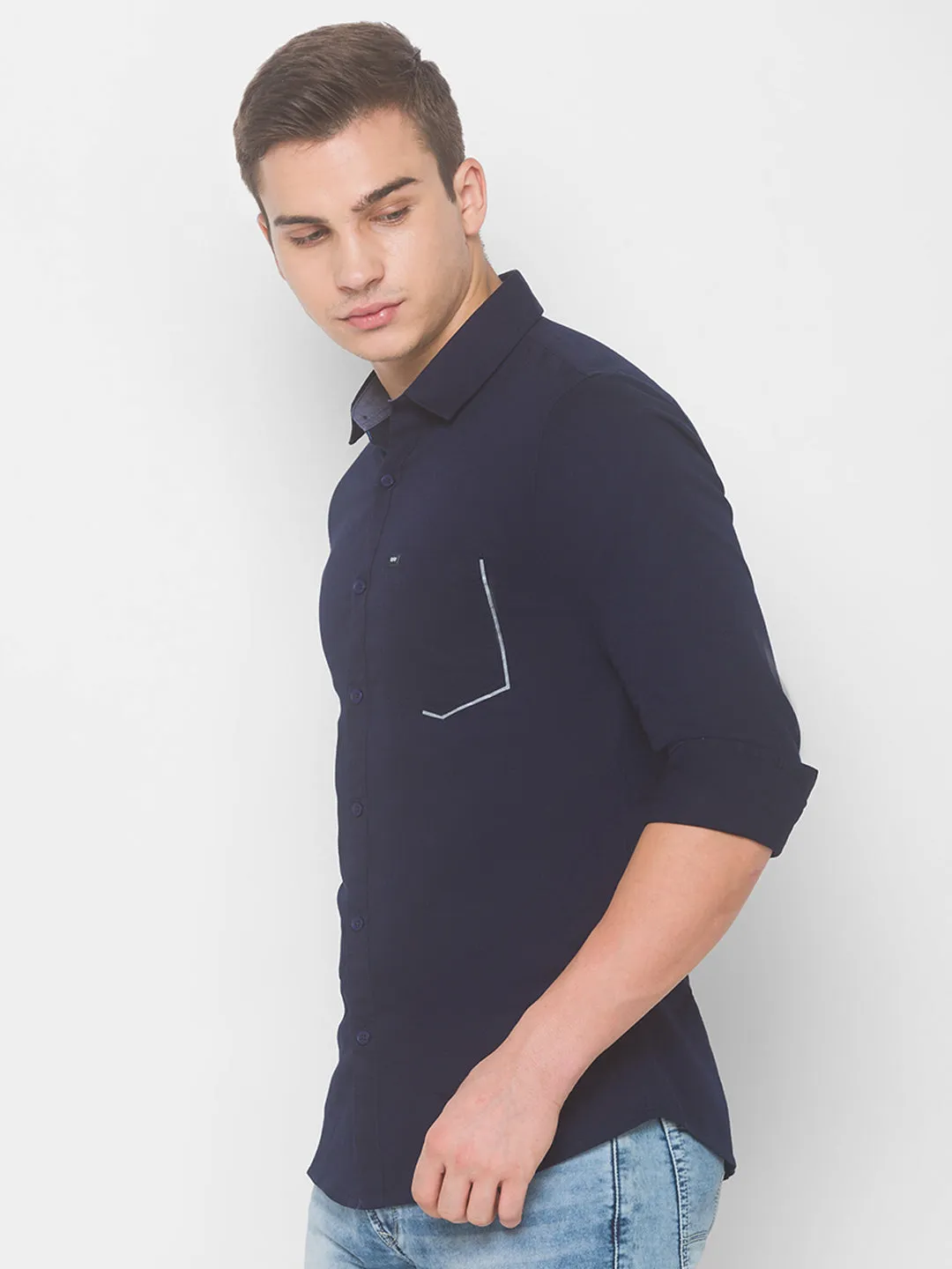 Spykar Men Navy Cotton Casual Slim Fit Shirt