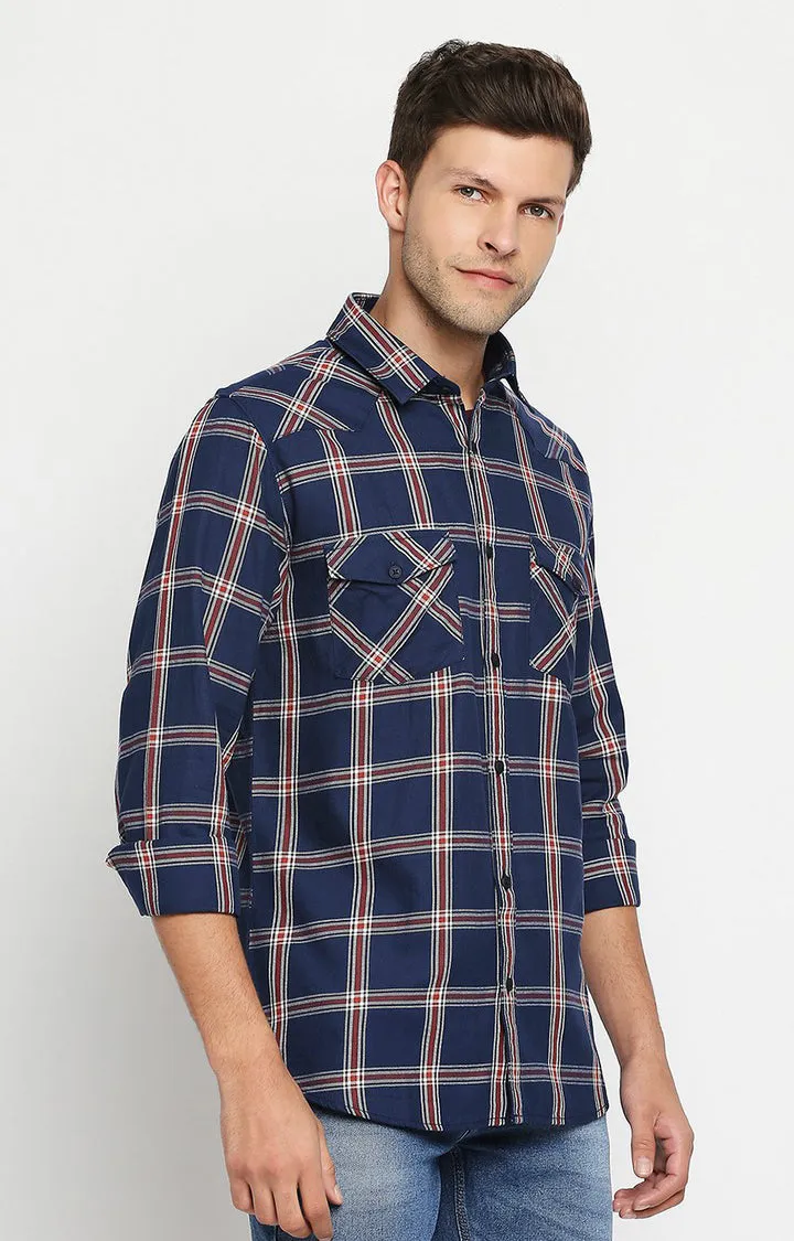 Spykar Men Navy Slim Fit Full Sleeve Checkered Shirt