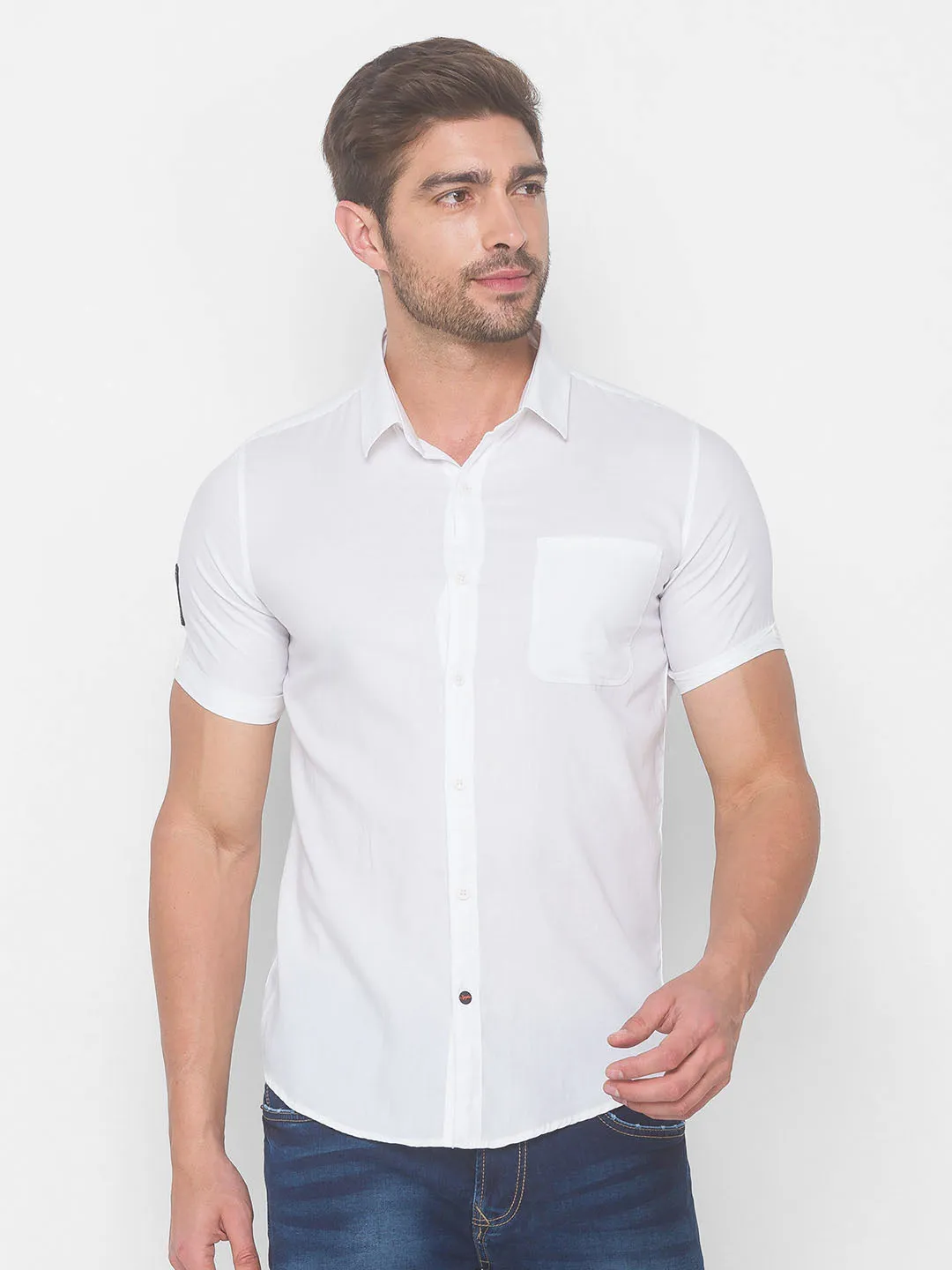 Spykar Men White Cotton Shirts (Slim)