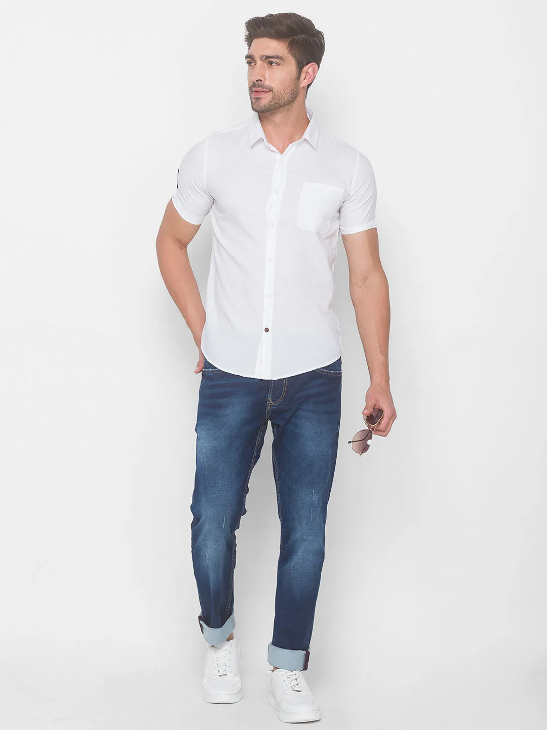 Spykar Men White Cotton Shirts (Slim)