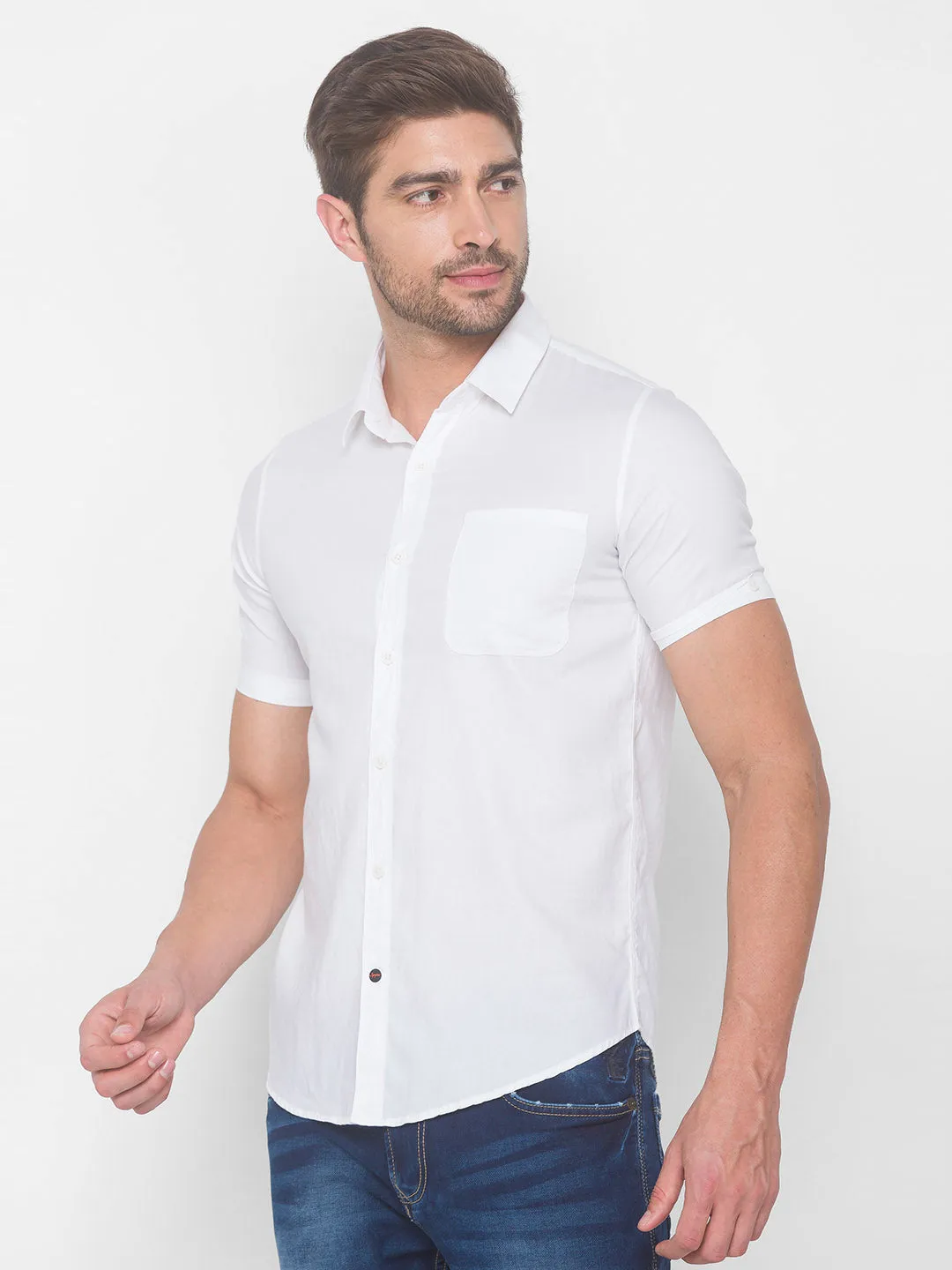 Spykar Men White Cotton Shirts (Slim)