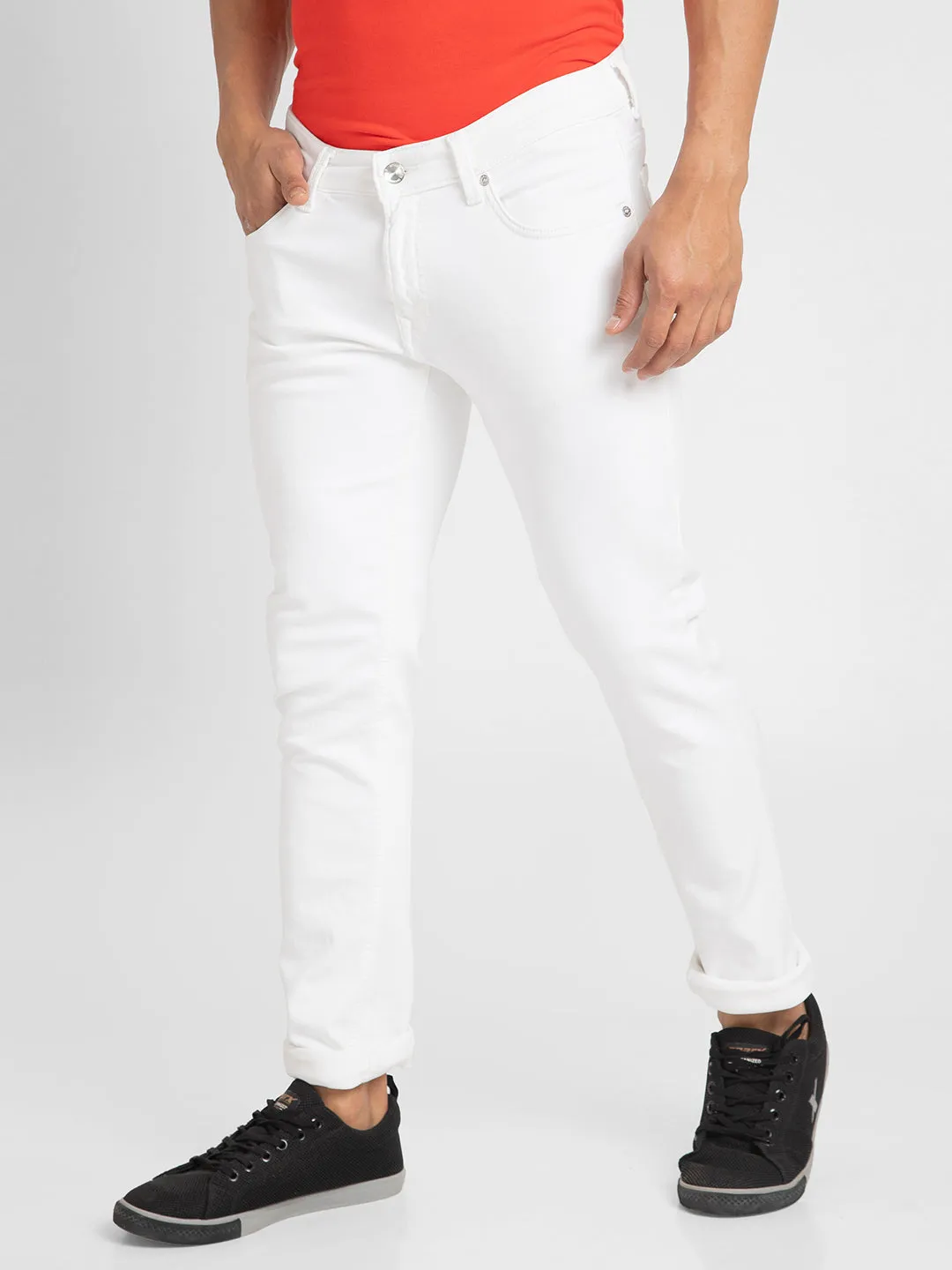 Spykar Men White Cotton Slim Fit Narrow Length Jeans (Skinny)